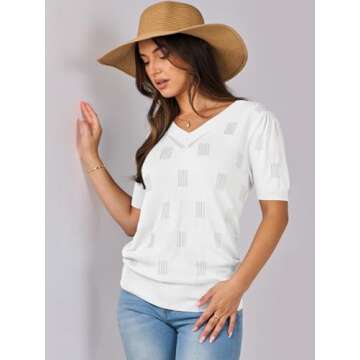 ANRABESS Summer Tops for Women Short Sleeve V Neck Sweaters Dressy Casual Blouses Lightweight Thin Knit Fashion Shirts White X-Large