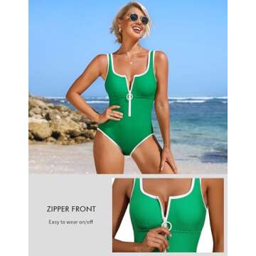 Charmo Zipper Sporty One Piece Bathing Suits for Women Tummy Control Swimwear with Retro Square Neck Green