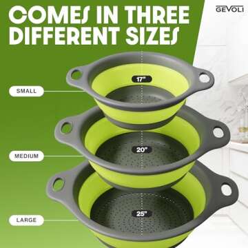 Gevoli 3-Pack Collapsible Colanders with Self-Draining Base, Over Sink-edge Silicone Food Strainers,...