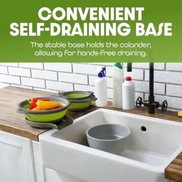 Gevoli 3-Pack Collapsible Colanders with Self-Draining Base, Over Sink-edge Silicone Food Strainers, Small/Med/Large Sizes, Nesting for Easy Compact Storage (3Qt, 4Qt, 5-Quart Set) Green/Gray