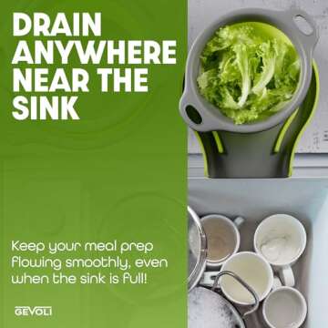 Gevoli 3-Pack Collapsible Colanders with Self-Draining Base, Over Sink-edge Silicone Food Strainers, Small/Med/Large Sizes, Nesting for Easy Compact Storage (3Qt, 4Qt, 5-Quart Set) Green/Gray