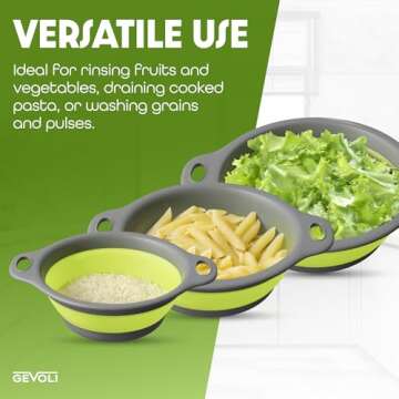 Gevoli 3-Pack Collapsible Colanders with Self-Draining Base, Over Sink-edge Silicone Food Strainers, Small/Med/Large Sizes, Nesting for Easy Compact Storage (3Qt, 4Qt, 5-Quart Set) Green/Gray