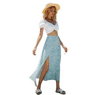 Floerns Women's Boho Floral High Waist Split A Line Midi Skirt Light Blue L