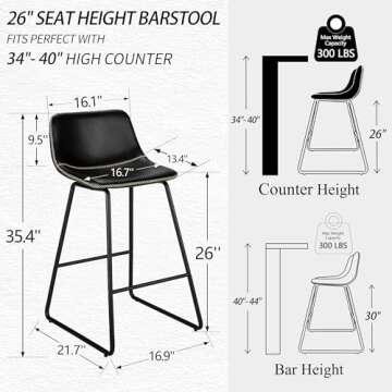 HeuGah Bar Stools Set of 3, 26 Inch Counter Height Barstools with Back Black Modern Faux Leather Bar...