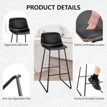 HeuGah Bar Stools Set of 3, 26 Inch Counter Height Barstools with Back Black Modern Faux Leather Bar Height Stools for Kitchen Island Counter Chairs with Metal Legs