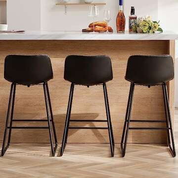 HeuGah Bar Stools Set of 3, 26 Inch Counter Height Barstools with Back Black Modern Faux Leather Bar Height Stools for Kitchen Island Counter Chairs with Metal Legs