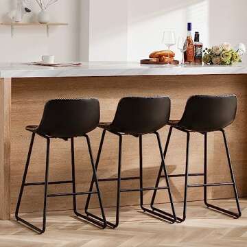 HeuGah Bar Stools Set of 3, 26 Inch Counter Height Barstools with Back Black Modern Faux Leather Bar Height Stools for Kitchen Island Counter Chairs with Metal Legs