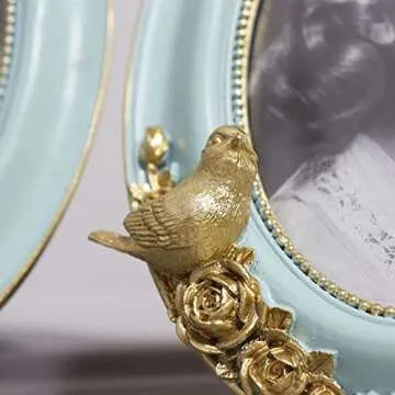 Oval Resin Picture Frame, Gold Bird Rose Pattern Photo Frame for Home Office Decor, Elegant Light Luxury Picture Frames