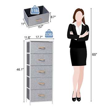 Crestlive Products Vertical Dresser Storage Tower - Sturdy Steel Frame, Wood Top, Easy Pull Fabric Bins - Organizer Unit for Bedroom, Hallway, Entryway, Closets - 5 Drawers(Light Gray)
