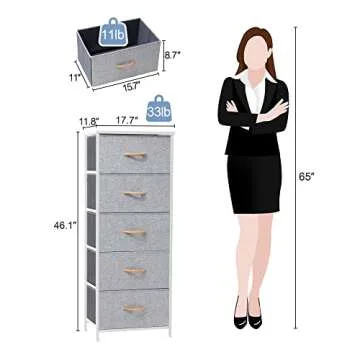 Crestlive Products Vertical Dresser Storage Tower - Sturdy Steel Frame, Wood Top, Easy Pull Fabric Bins - Organizer Unit for Bedroom, Hallway, Entryway, Closets - 5 Drawers(Light Gray)