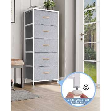 Crestlive Products Vertical Dresser Storage Tower - Sturdy Steel Frame, Wood Top, Easy Pull Fabric Bins - Organizer Unit for Bedroom, Hallway, Entryway, Closets - 5 Drawers(Light Gray)