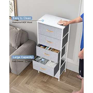 Crestlive Products Vertical Dresser Storage Tower - Sturdy Steel Frame, Wood Top, Easy Pull Fabric Bins - Organizer Unit for Bedroom, Hallway, Entryway, Closets - 5 Drawers(Light Gray)