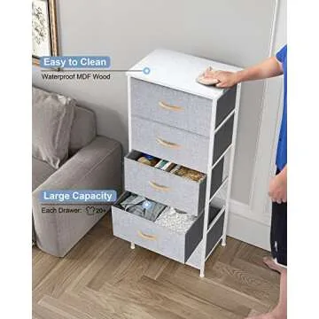 Crestlive Products Vertical Dresser Storage Tower - Sturdy Steel Frame, Wood Top, Easy Pull Fabric Bins - Organizer Unit for Bedroom, Hallway, Entryway, Closets - 5 Drawers(Light Gray)