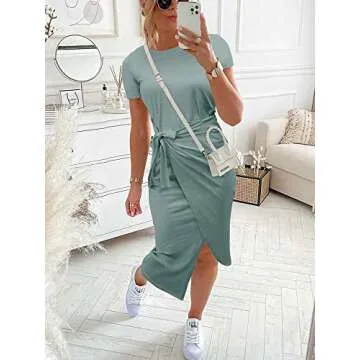 NOLLSOM Women Casual Sleeveless Striped Tank Midi Dresses Halter Neck Ruched Bodycon Dresses Tie Wai...