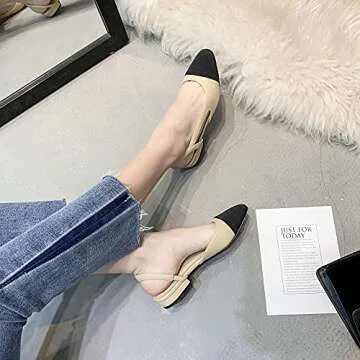 LEHOOR Slingback Pumps Flat Cap Toe Two Toned for Women, Low Block Heel Almond Pointy Toe Sandals Quarter Strap Hollowed Backless D’Orsay Slip On Sandals Office Party Prom Beige 8.5 M US
