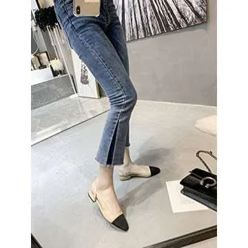 LEHOOR Slingback Pumps Flat Cap Toe Two Toned for Women, Low Block Heel Almond Pointy Toe Sandals Quarter Strap Hollowed Backless D’Orsay Slip On Sandals Office Party Prom Beige 8.5 M US