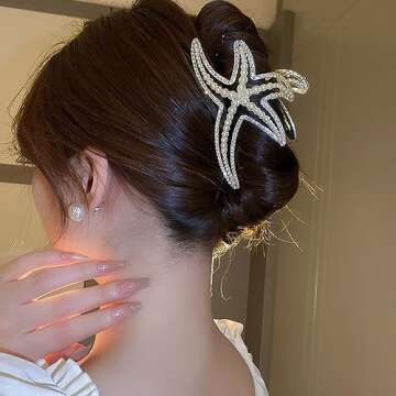 Jumwrit Big Metal Boho Starfish Jaw Clip with Shiny Rhinestone and Imitation Pearl Hair Barrette - S...
