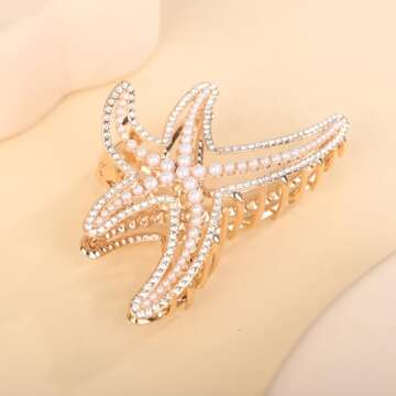 Jumwrit Big Metal Boho Starfish Jaw Clip with Shiny Rhinestone and Imitation Pearl Hair Barrette - Strong Hold Hair Clamp, Fashion Hair Styling Accessories for Women Girls (Gold)