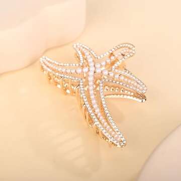 Jumwrit Big Metal Boho Starfish Jaw Clip with Shiny Rhinestone and Imitation Pearl Hair Barrette - Strong Hold Hair Clamp, Fashion Hair Styling Accessories for Women Girls (Gold)