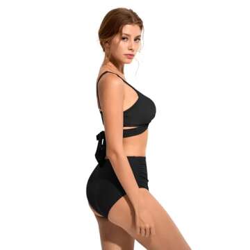 SUUKSESS Women High Waisted Bikini Criss Cross Swimsuits Push Up Bathing Suits (M, Black)