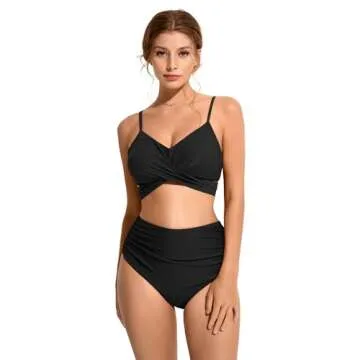SUUKSESS Women High Waisted Bikini Criss Cross Swimsuits Push Up Bathing Suits (M, Black)