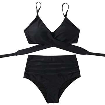 SUUKSESS Women High Waisted Bikini Criss Cross Swimsuits Push Up Bathing Suits (M, Black)