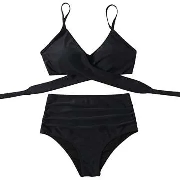 SUUKSESS Women High Waisted Bikini Criss Cross Swimsuits Push Up Bathing Suits (M, Black)