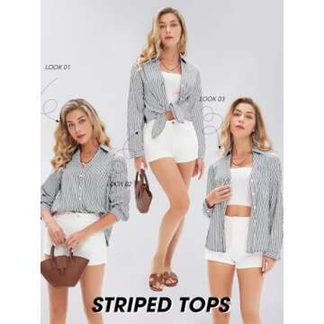 EXLURA Womens Striped Button Down Shirts Loose Fit Dress Shirt Long Sleeve Stylish Collared Office Work Blouses Tops 2025 Black