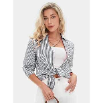 EXLURA Womens Striped Button Down Shirts Loose Fit Dress Shirt Long Sleeve Stylish Collared Office Work Blouses Tops 2025 Black