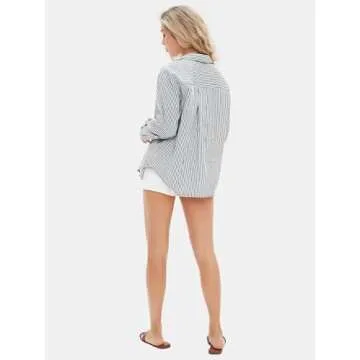 EXLURA Womens Striped Button Down Shirts Loose Fit Dress Shirt Long Sleeve Stylish Collared Office Work Blouses Tops 2025 Black