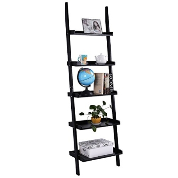 Tangkula Ladder Bookcase 5-Tier Wood Leaning Shelf Wall Plant Shelf Ladder for Home Office Modern Fl...