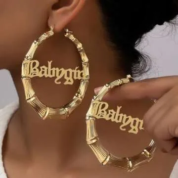Large Bamboo Hoop Earrings Babygirl Lettering Fashion Accessory