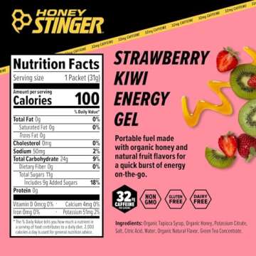 Honey Stinger Strawberry Kiwi Energy Gel | Caffeinated & Gluten Free with Organic Honey | For Exercise, Running and Performance | Sports Nutrition for Home & Gym, Pre and Mid Workout | 24 Pack