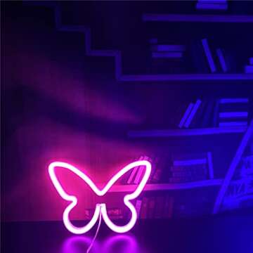 QiaoFei LED Butterfly Neon Sign Lights Hanging Decorative Neon Light USB or Battery Operated for Home Bedroom Bar Restaurant Christmas Birthday Party Gift Art Wall Decoration Light(Pink)