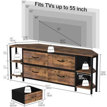 EXOTICA Corner TV Stands for Living Room with 4 Drawers and Power Outlet Industrial Corner Entertain...