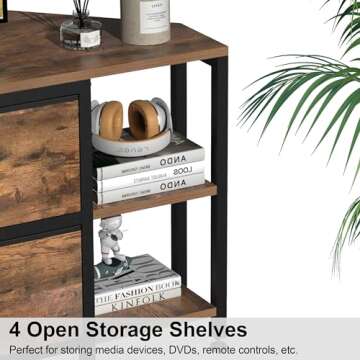 EXOTICA Corner TV Stands for Living Room with 4 Drawers and Power Outlet Industrial Corner Entertainment Centers for TVs up to 55 Inches Farmhouse Corner Console Table with 4 Open Storage for Bedroom