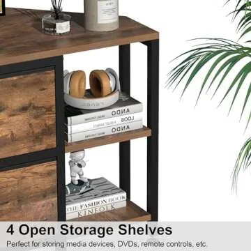 EXOTICA Corner TV Stands for Living Room with 4 Drawers and Power Outlet Industrial Corner Entertainment Centers for TVs up to 55 Inches Farmhouse Corner Console Table with 4 Open Storage for Bedroom