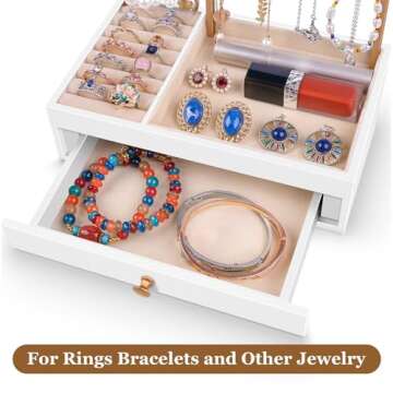 Teamkio Jewelry Stand Tree with Large White Storage Box, Tabletop Jewelry Organizer Display Tree for Necklace, Rings, Bracelets, Watches