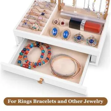 Teamkio Jewelry Stand Tree with Large White Storage Box, Tabletop Jewelry Organizer Display Tree for Necklace, Rings, Bracelets, Watches