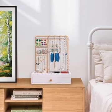 Teamkio Jewelry Stand Tree with Large White Storage Box, Tabletop Jewelry Organizer Display Tree for Necklace, Rings, Bracelets, Watches