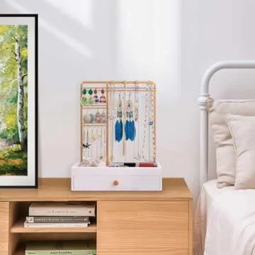 Teamkio Jewelry Stand Tree with Large White Storage Box, Tabletop Jewelry Organizer Display Tree for Necklace, Rings, Bracelets, Watches