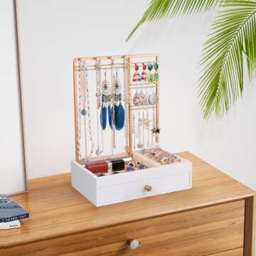 Teamkio Jewelry Stand Tree with Large White Storage Box, Tabletop Jewelry Organizer Display Tree for Necklace, Rings, Bracelets, Watches