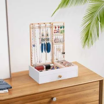 Teamkio Jewelry Stand Tree with Large White Storage Box, Tabletop Jewelry Organizer Display Tree for Necklace, Rings, Bracelets, Watches