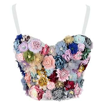 ELLACCI Women's 3D Floral Bustier Crop Top Sexy Corset Tops White Medium