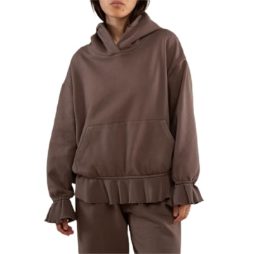 DSORVICD Women Y2k Hoodies Cute Long Sleeve Ruffle Hem Pullover Top Solid Color Hoodies for Teen Gir...