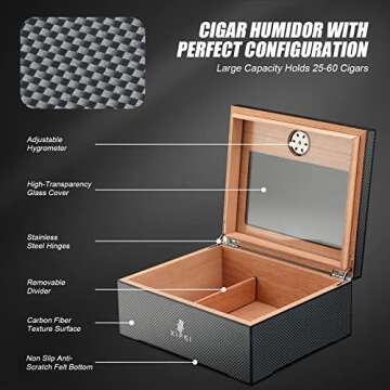 XIFEI Cigar Humidor, Spanish Cedar Wood Desktop Humidor Box Storage 25-60 Cigars, Glass Top Carbon Fiber Texture Humidors with Hygrometer, Humidifier, Humidor Solution, Cigar Accessories Gifts for Men
