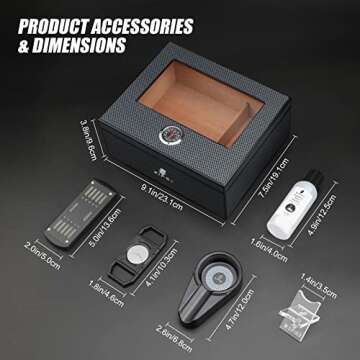 XIFEI Cigar Humidor, Spanish Cedar Wood Desktop Humidor Box Storage 25-60 Cigars, Glass Top Carbon Fiber Texture Humidors with Hygrometer, Humidifier, Humidor Solution, Cigar Accessories Gifts for Men