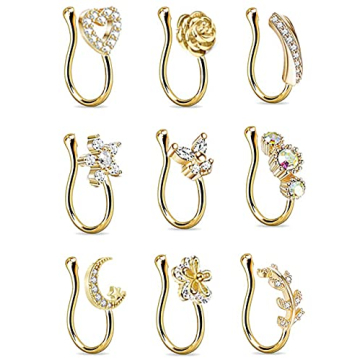 YOVORO 9Pcs Fake Nose Rings Hoop for Women Faux Cartilage Tragus Ring Nose Cuff Non Piercing Jewelry...