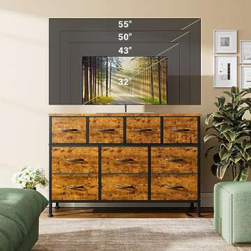 Lulive 10 Drawer Dresser for Bedroom, Dressers TV Stand with Power Outlet, Entertainment Center Bedroom Dresser, Chest of Drawers for 55'' Long TV, Wide Fabric Dresser for Storage and Organization