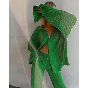 NUFIWI Women 2 Piece Pleated Pants Set Long Sleeve Button Shirt Blouse Top Long Wide Leg Pants Outfits Summer Streetwear(Pleated Green,Medium)